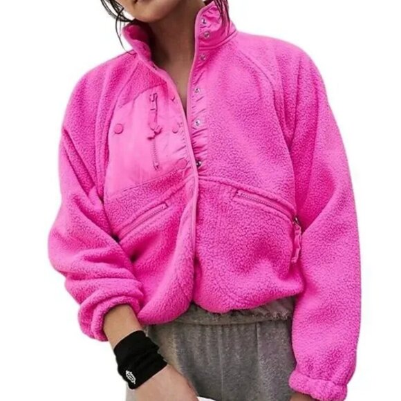 Free People Hot Pink Hit The Slopes Jacket Fuzzy Fleece Teddy Pocket XS - Picture 1 of 6